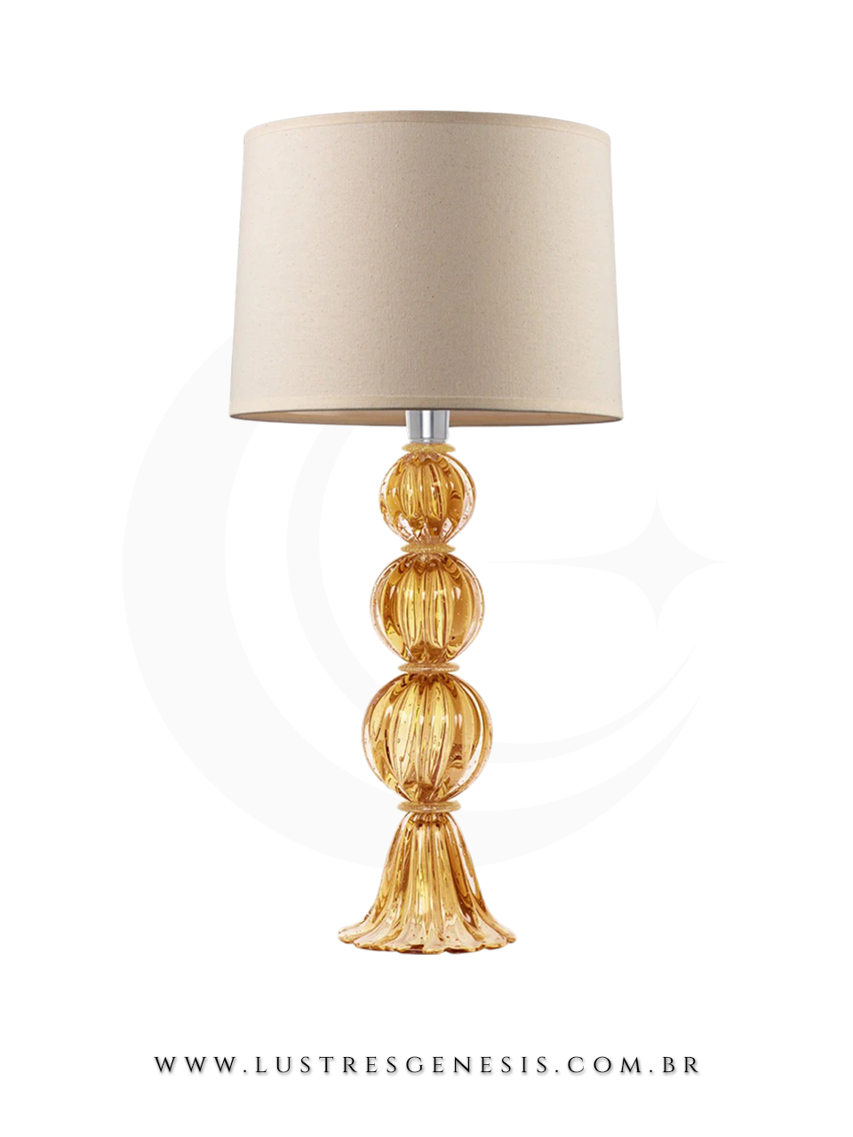 Abajur de mesa Verona em cristal Murano com cúpula bege, ideal para salas, quartos, cabeceira de cama, living e escritórios.